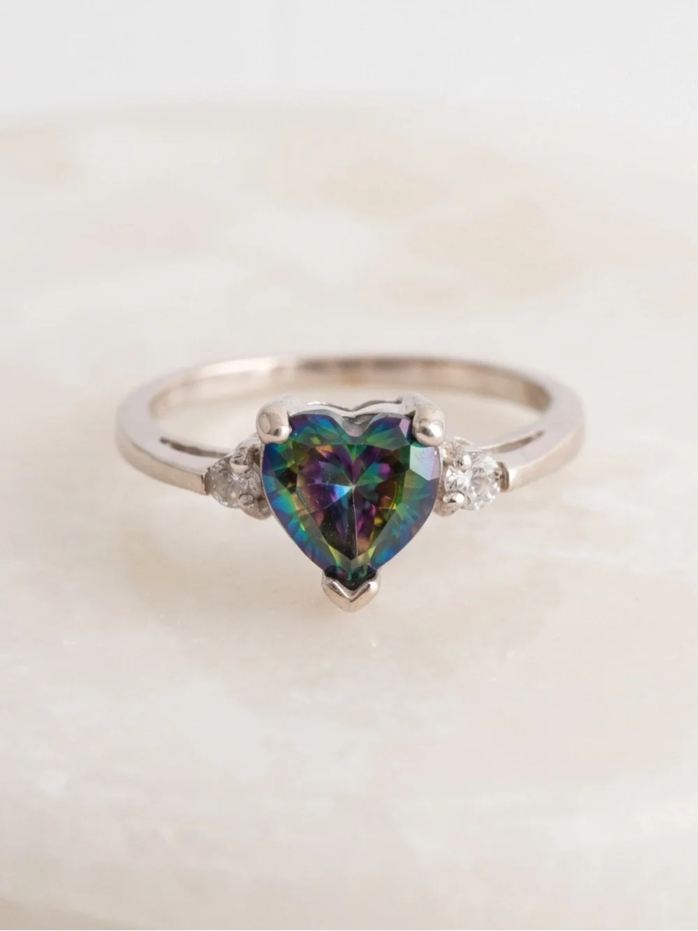 Sterling Silver Dainty Heart Shape Mystic Topaz Ring Size 5